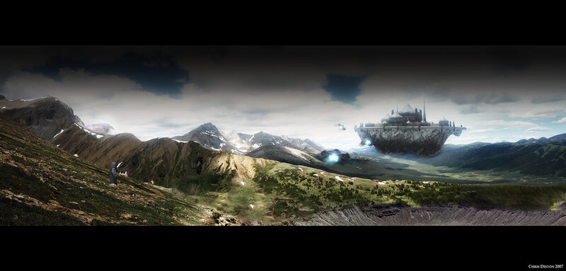 floating city over mountains