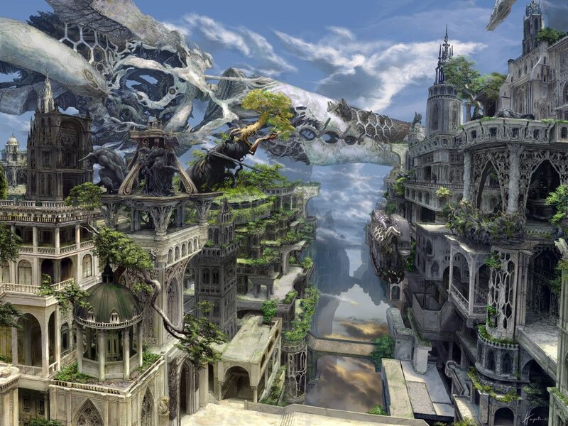 Floating City Ruins — Gray, Dramatic