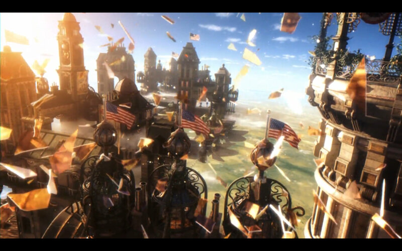 floating city with american flags