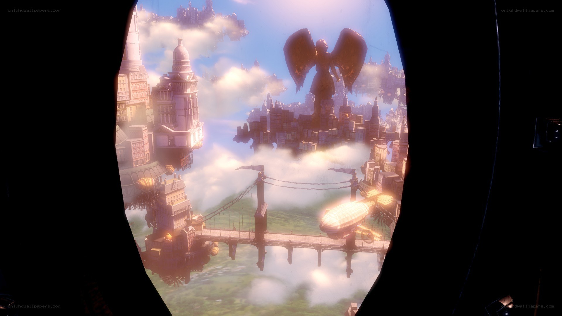 floating city with angel statue