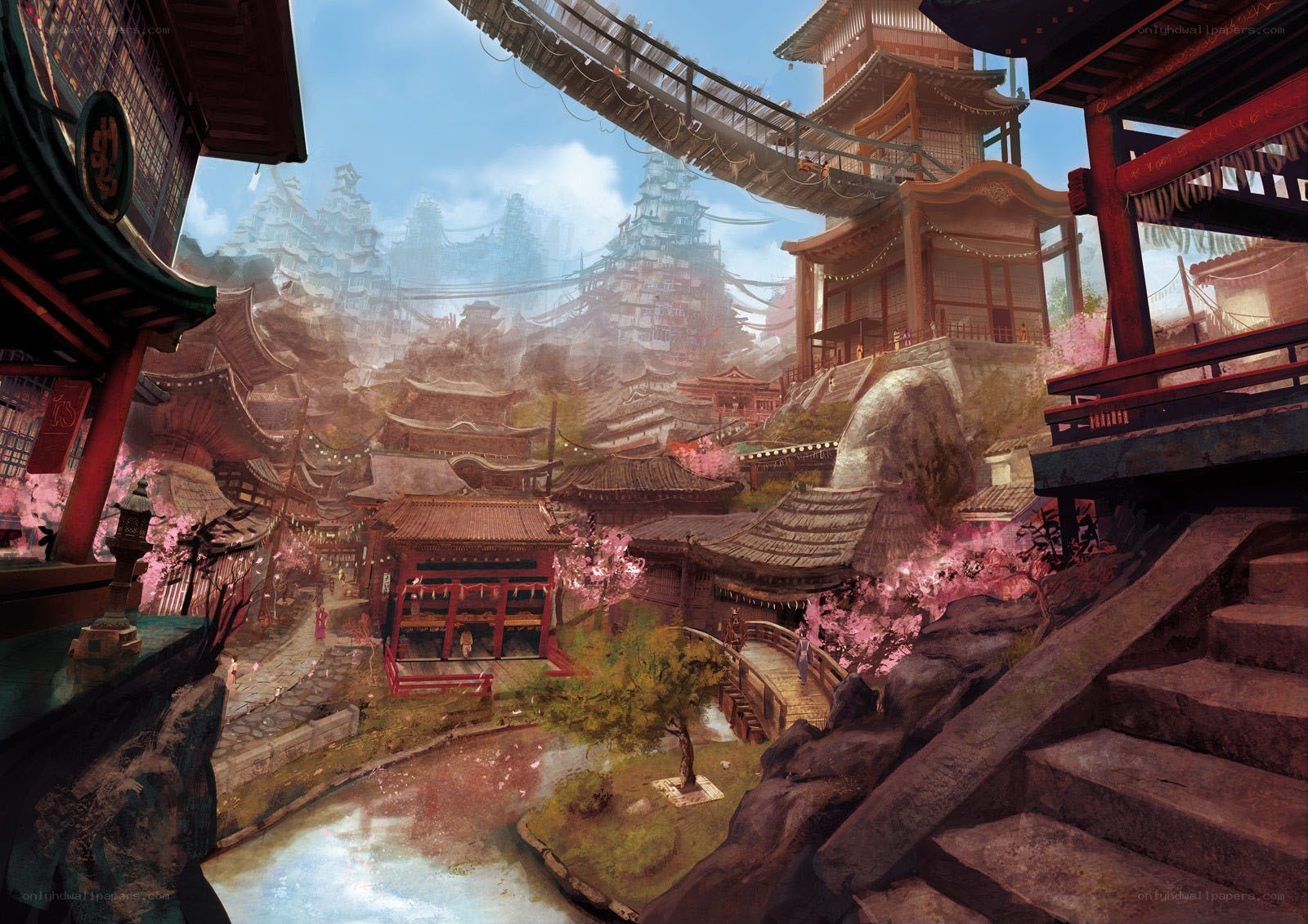 floating city with cherry blossoms