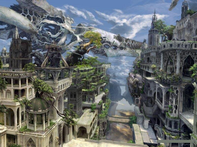 Floating city with giant skull