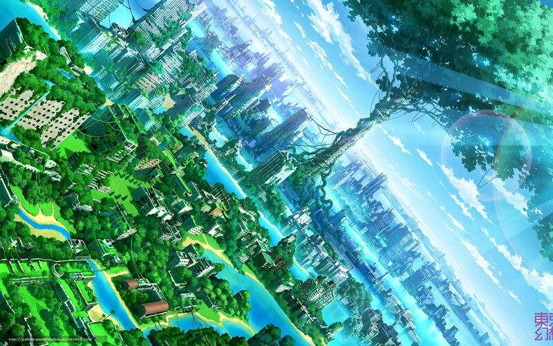 floating city with giant tree