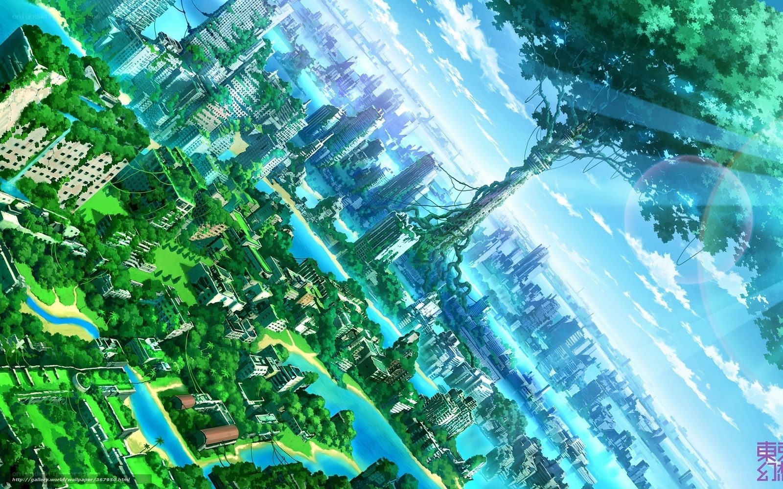 floating city with giant tree