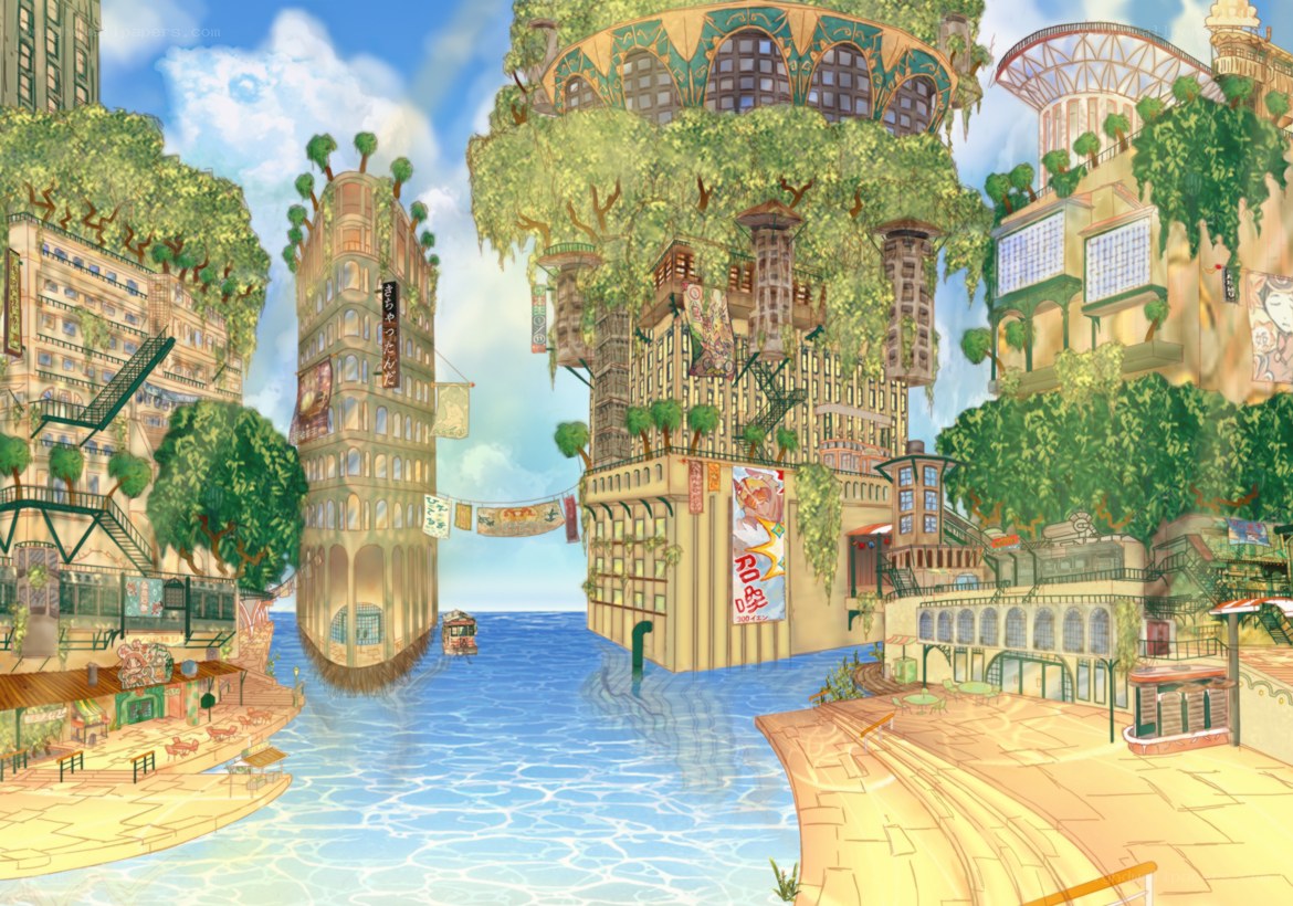 floating city with green towers