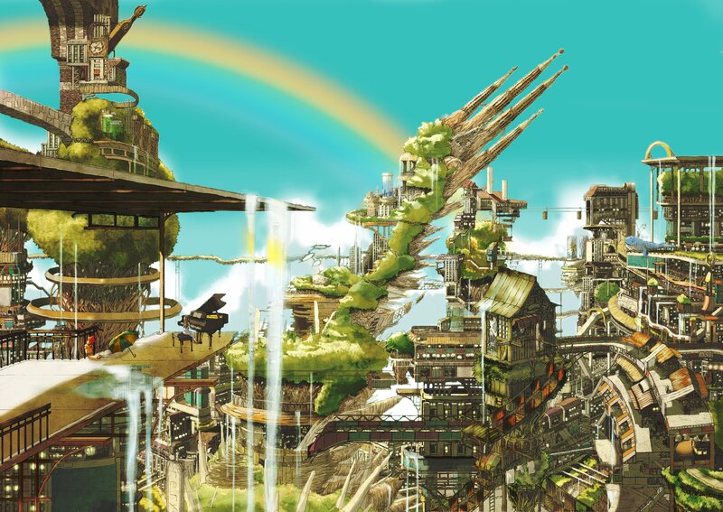 floating city with rainbow