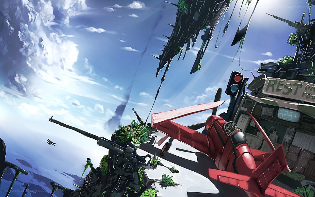 Floating city with red aircraft