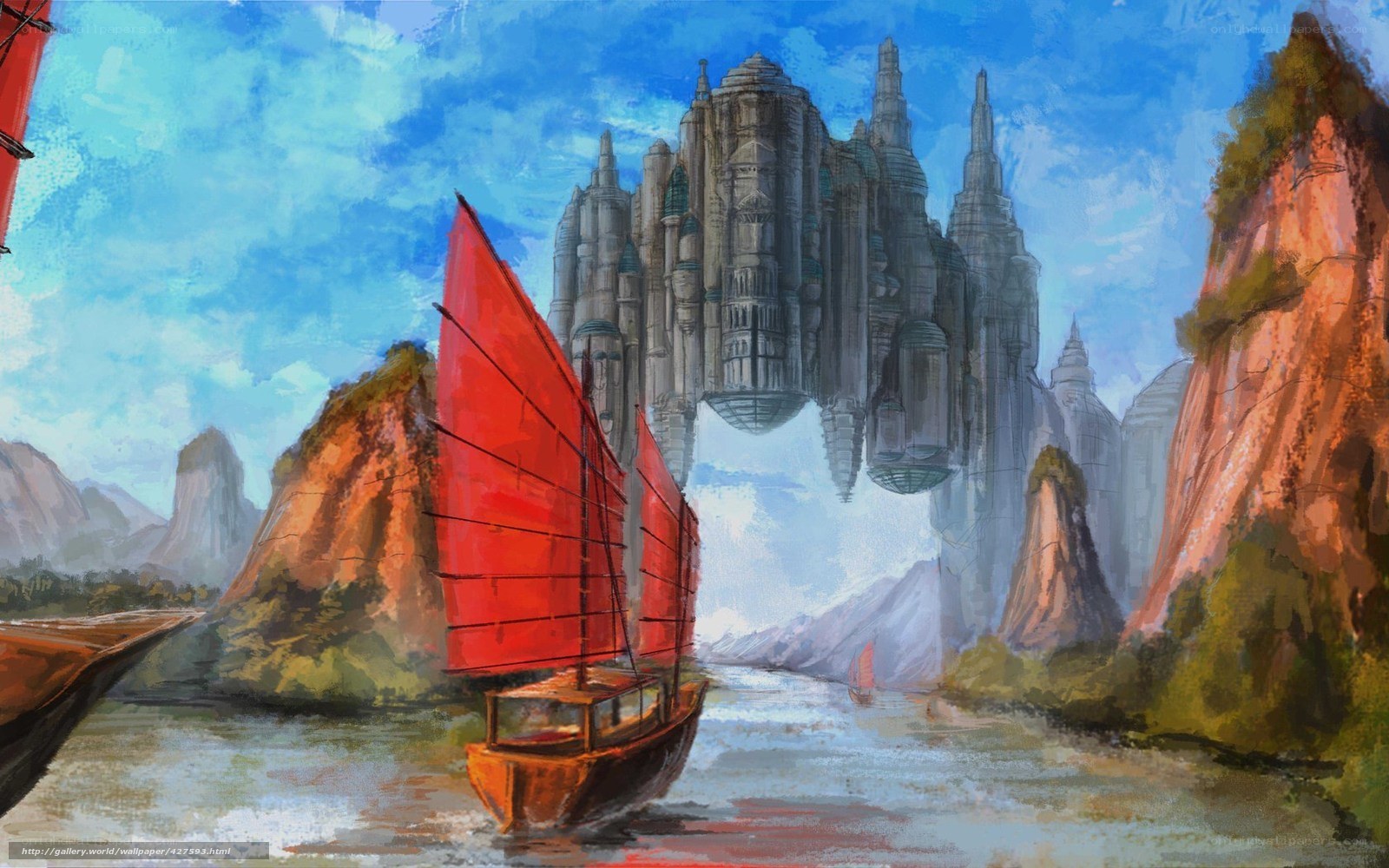 Floating city with red sailboat