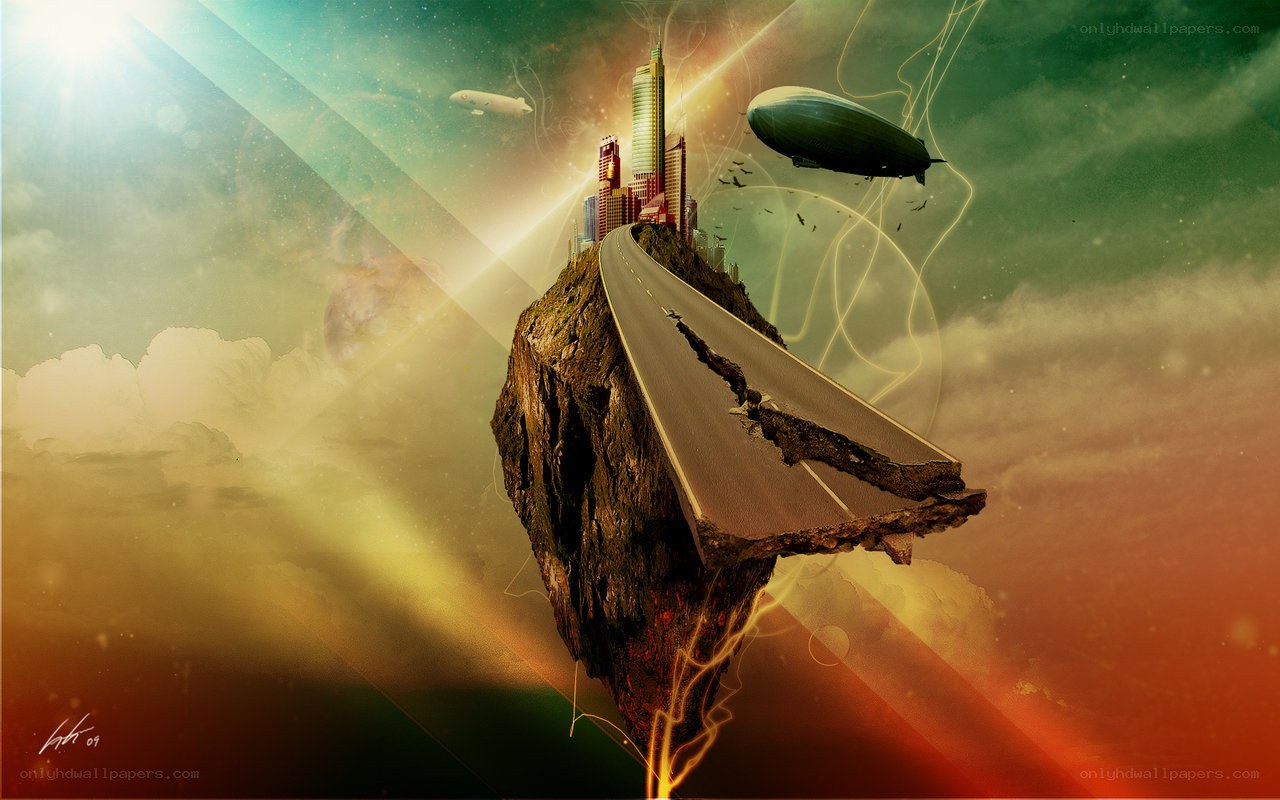 floating city with road and zeppelin