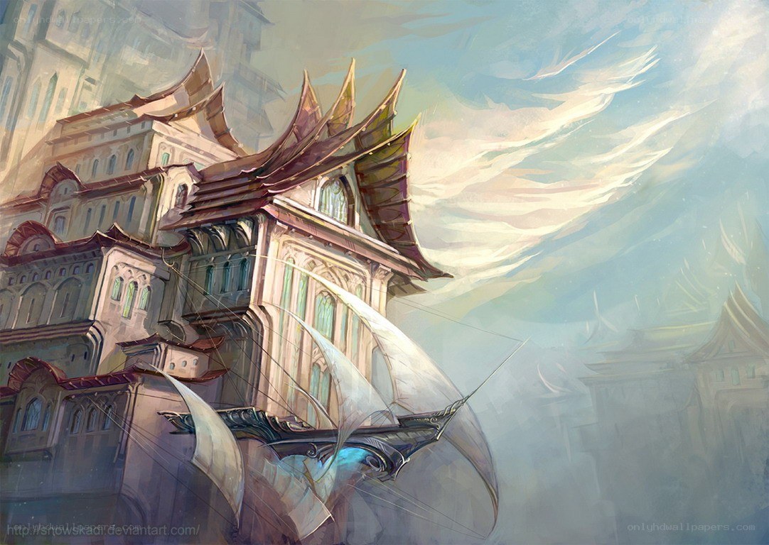 Floating city with sail ships