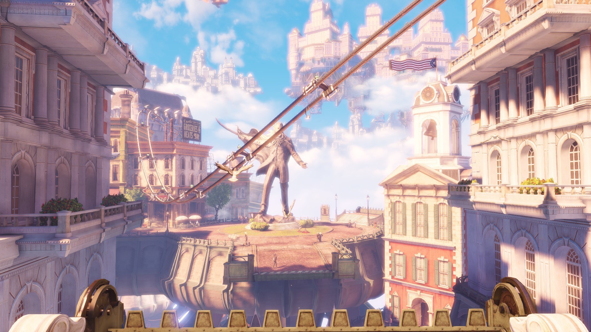 floating city with statue