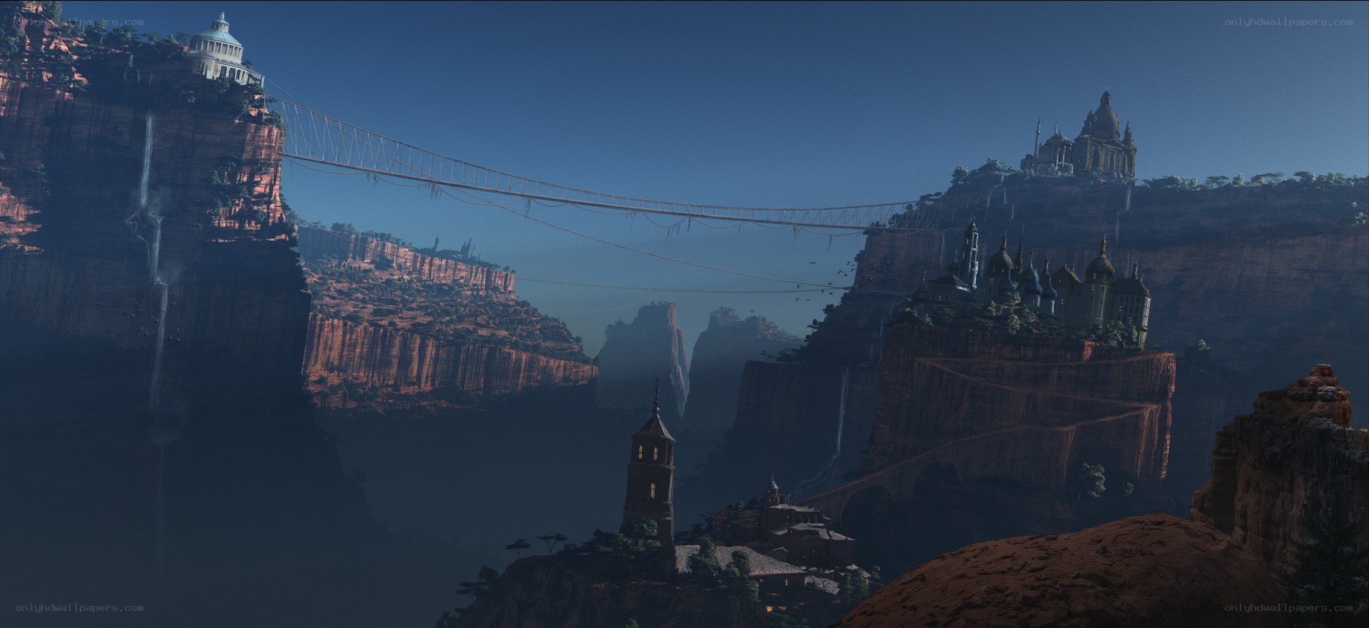 floating city with suspension bridge