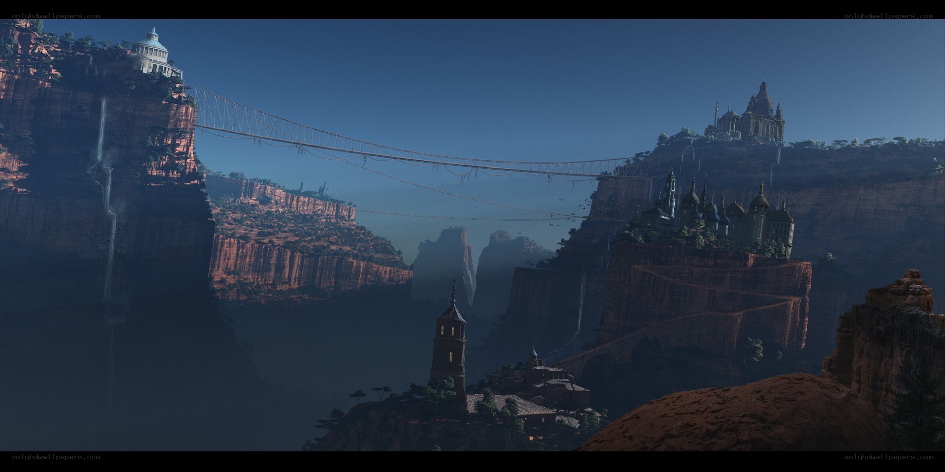 floating city with suspension bridge