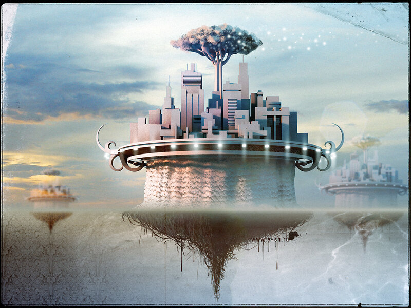 floating city with tree