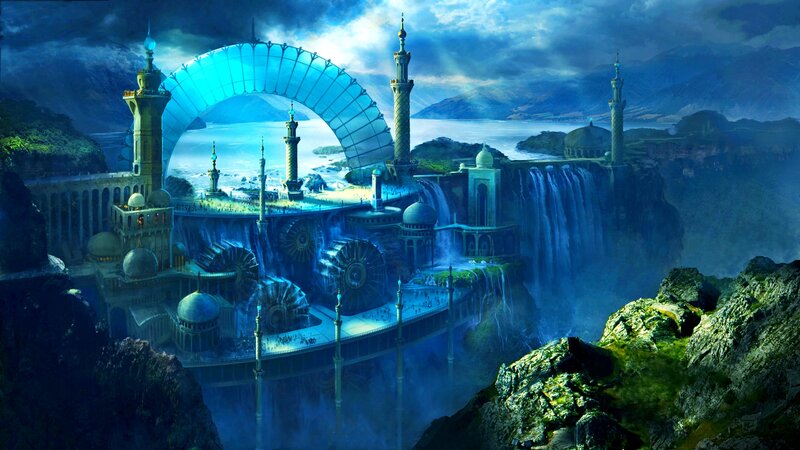 Floating City with Waterfall