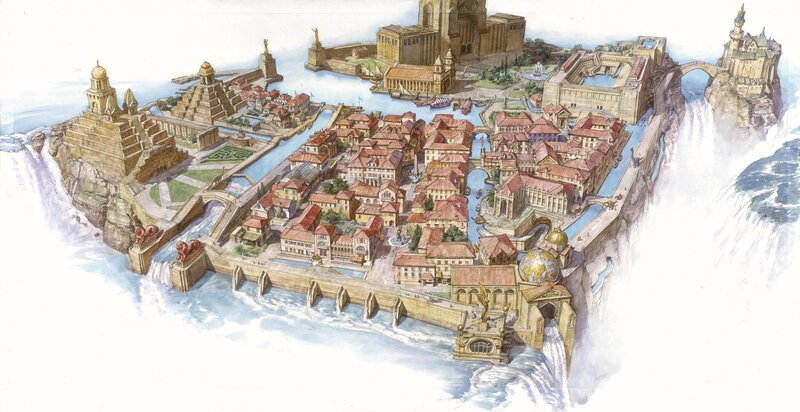 Floating city with waterfalls