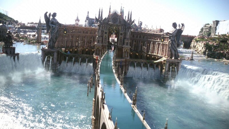 Floating City with Waterfalls — Blue, Dramatic, Afternoon, 3d Render, Statues