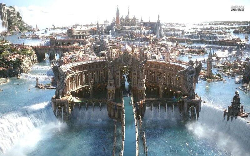 Floating City with Waterfalls — Blue, Dramatic