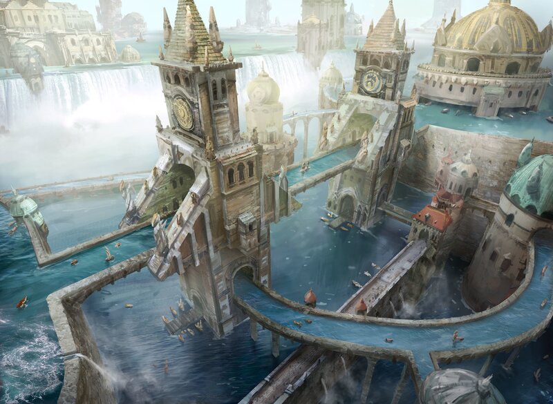 Floating City with Waterfalls — Blue, Fantastical