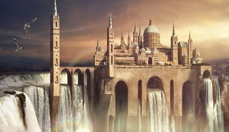 Floating City with Waterfalls — Brown