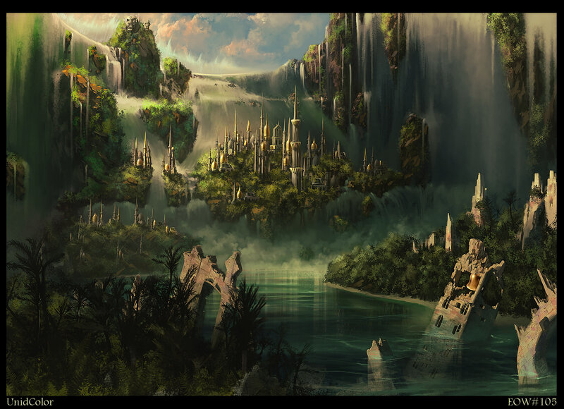 Floating City with Waterfalls — Green, Dramatic