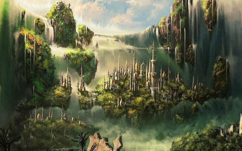 Floating City with Waterfalls — Green, Serene
