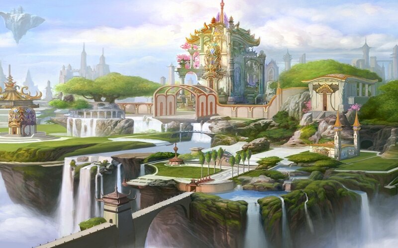 Floating City with Waterfalls — Green