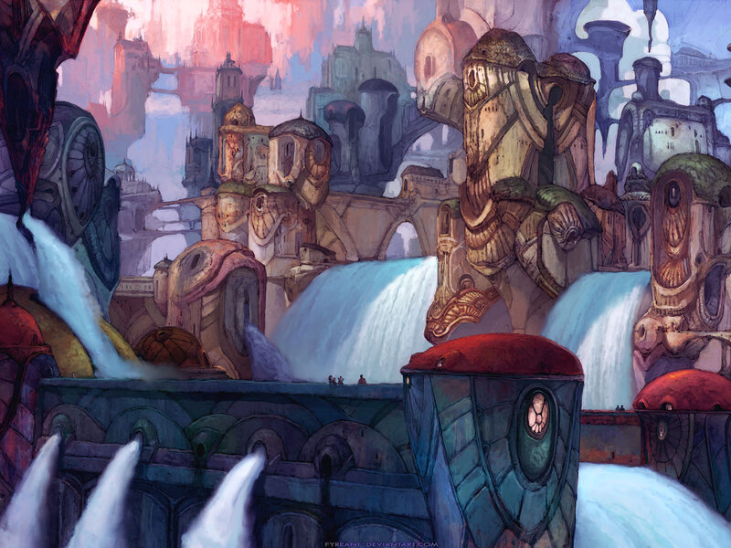 floating city with waterfalls