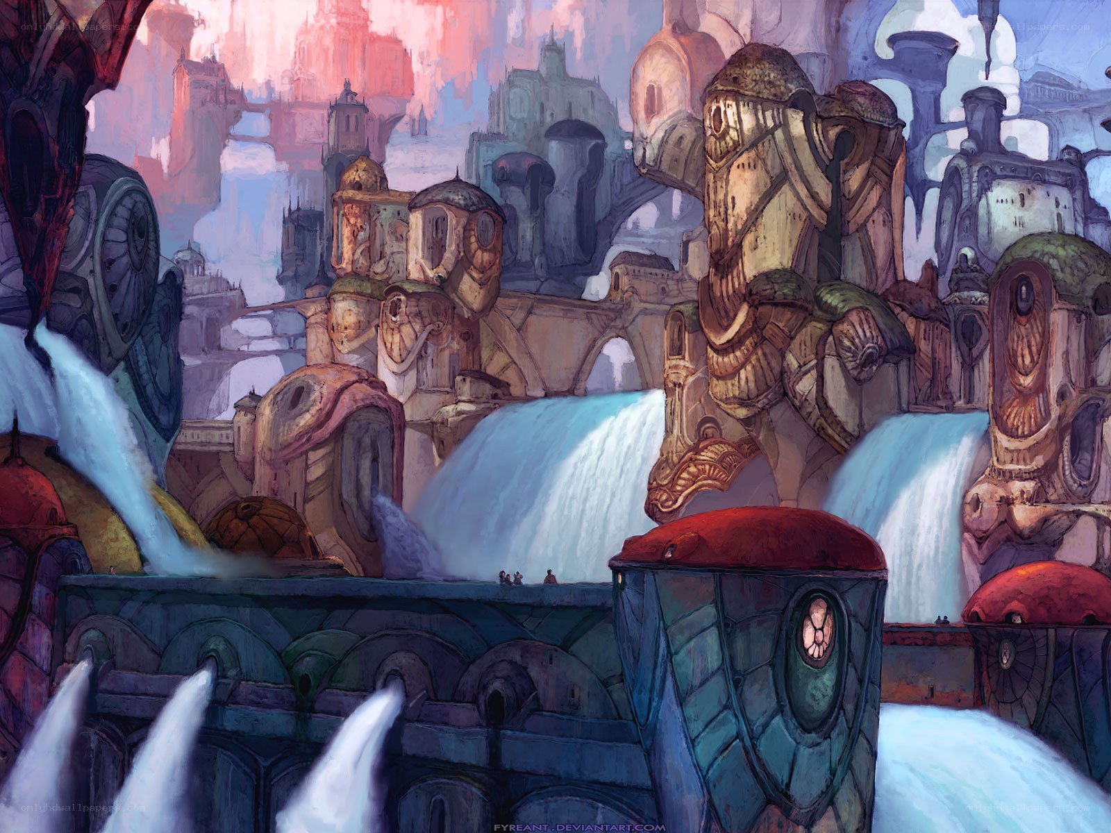 floating city with waterfalls