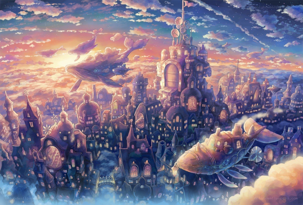 floating city with whales