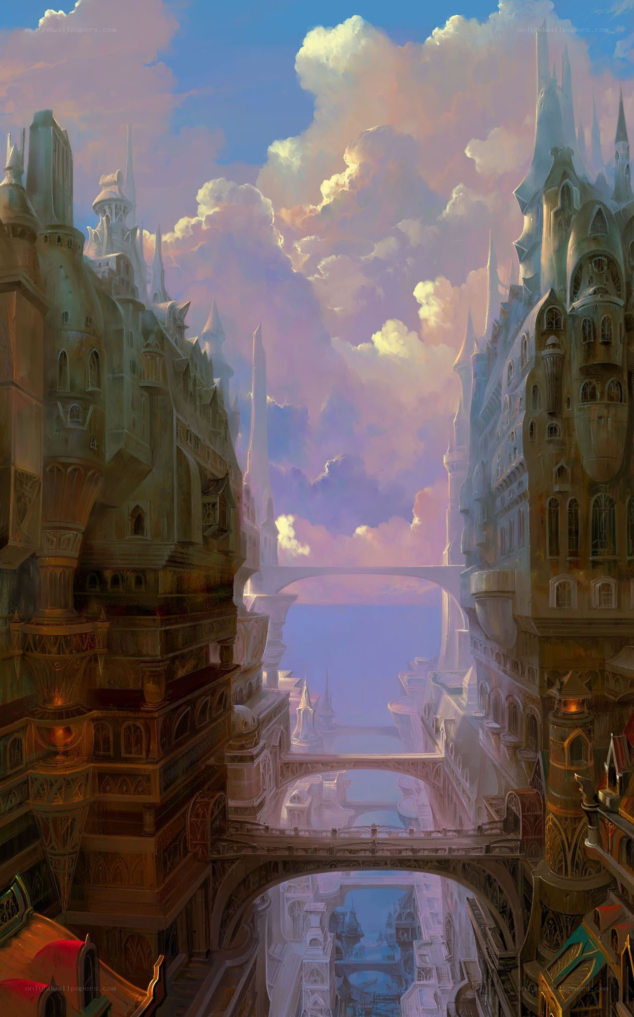 floating cityscape at sunset