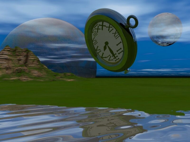 Floating clock on alien landscape