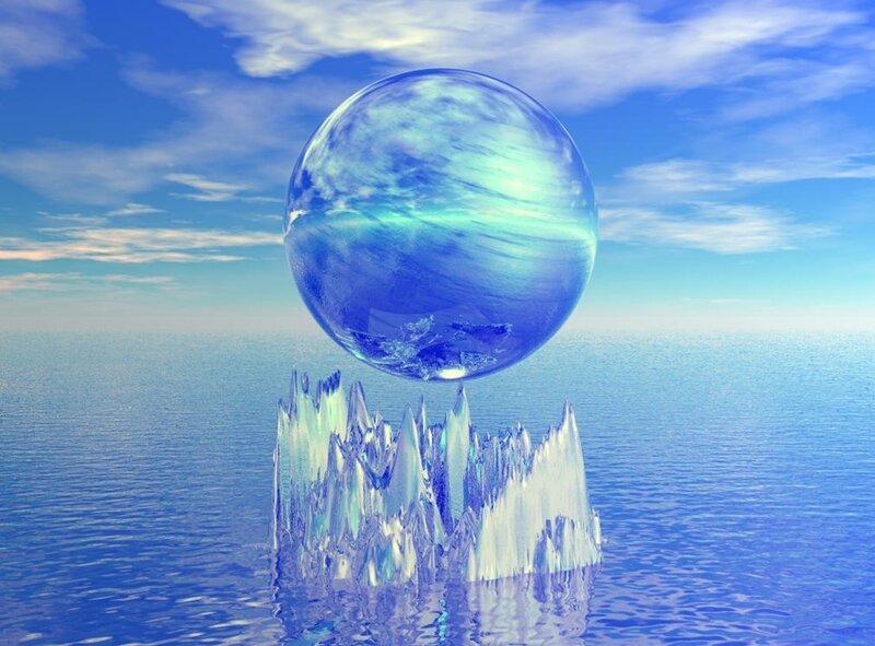 Floating crystal sphere over water