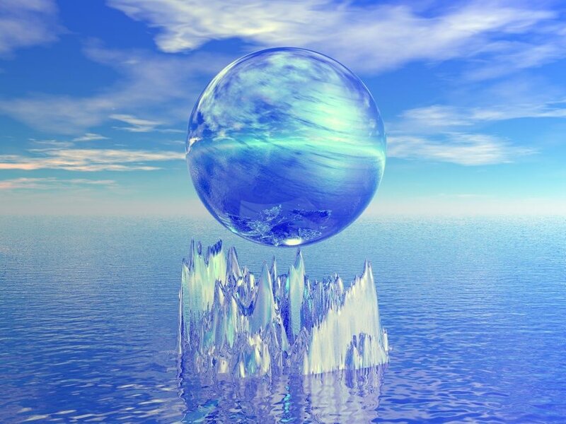 Floating crystal sphere over water