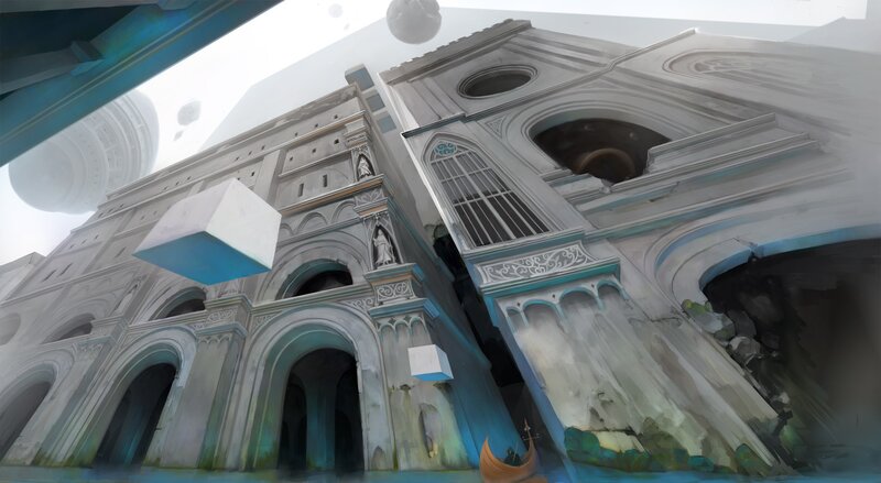floating cube in ancient city