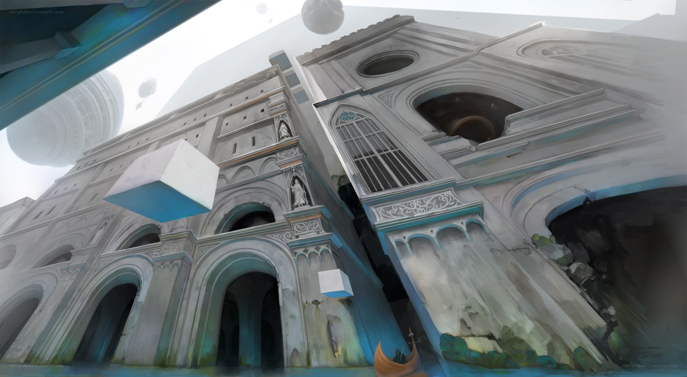 floating cube in ancient city