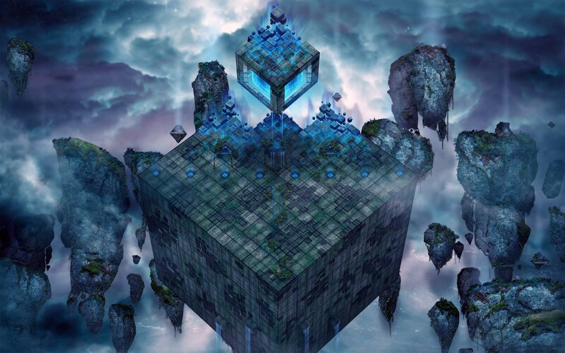 floating cube island in clouds