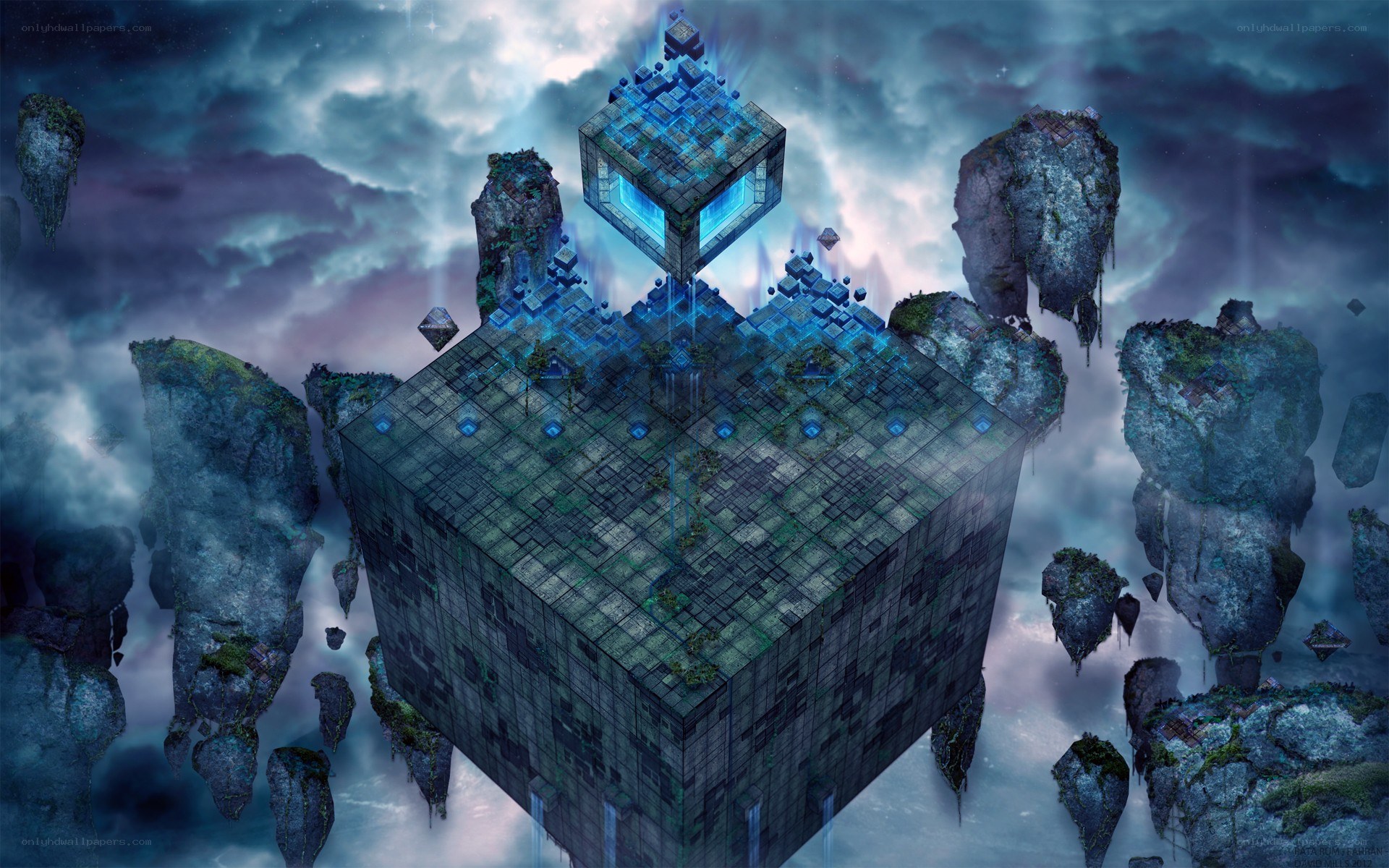 floating cube island in clouds