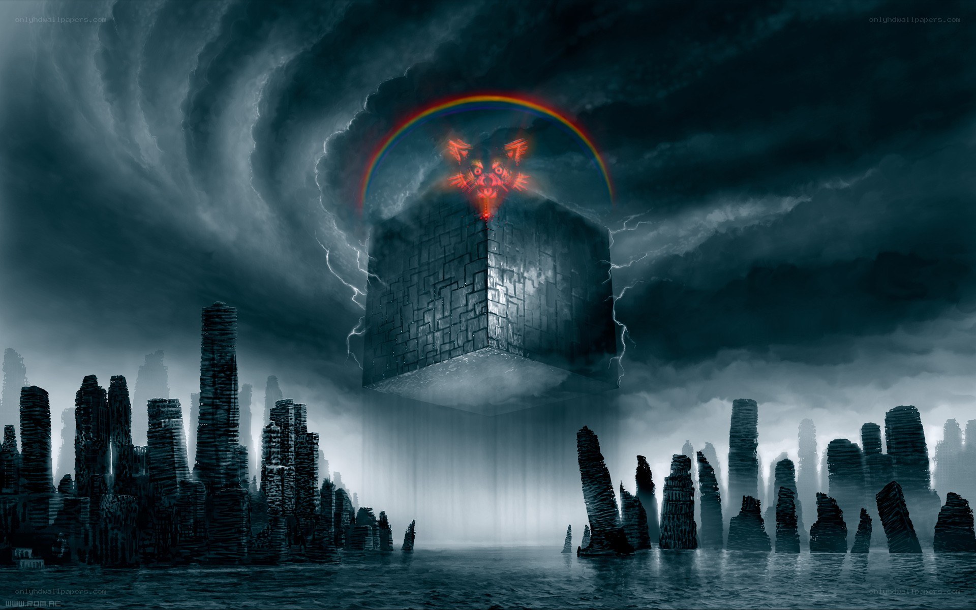 floating cube over ruined city