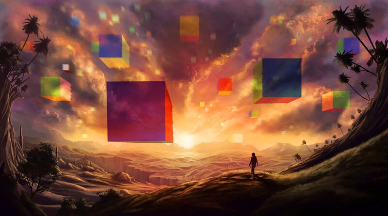 floating cubes in alien landscape