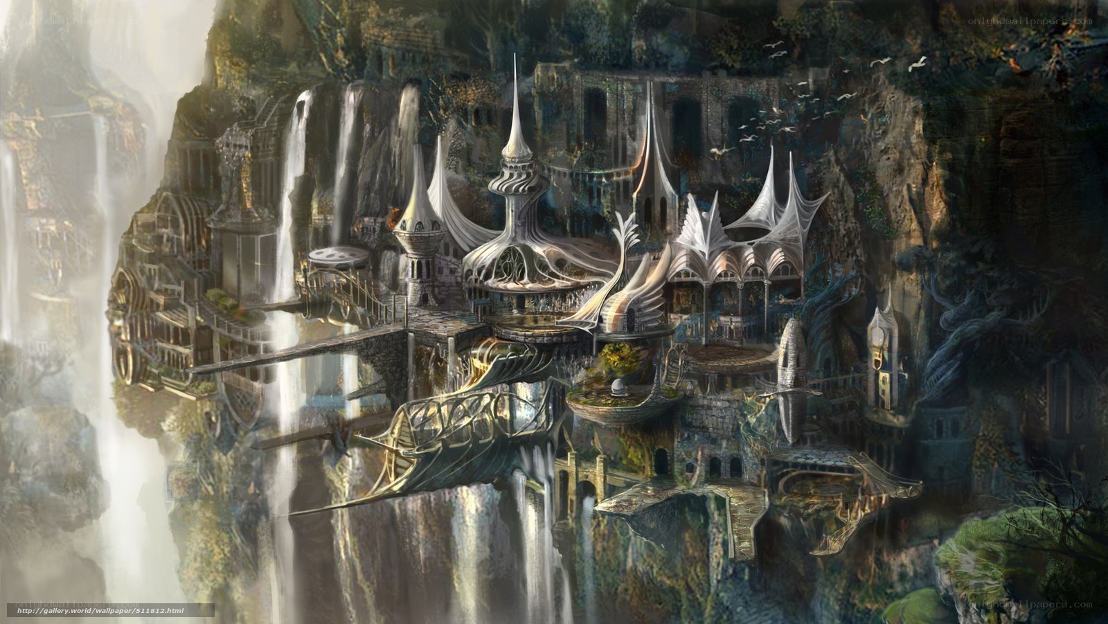 Floating fantasy city by waterfall