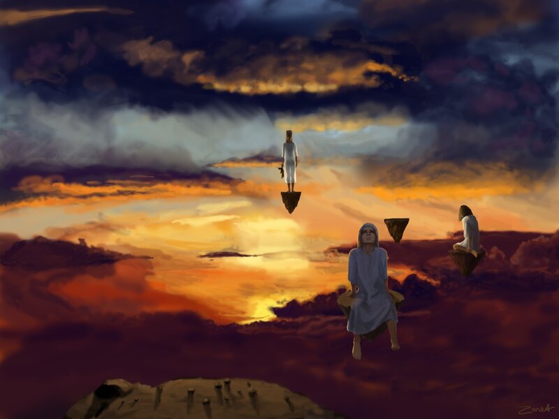 Floating figures in a surreal sky