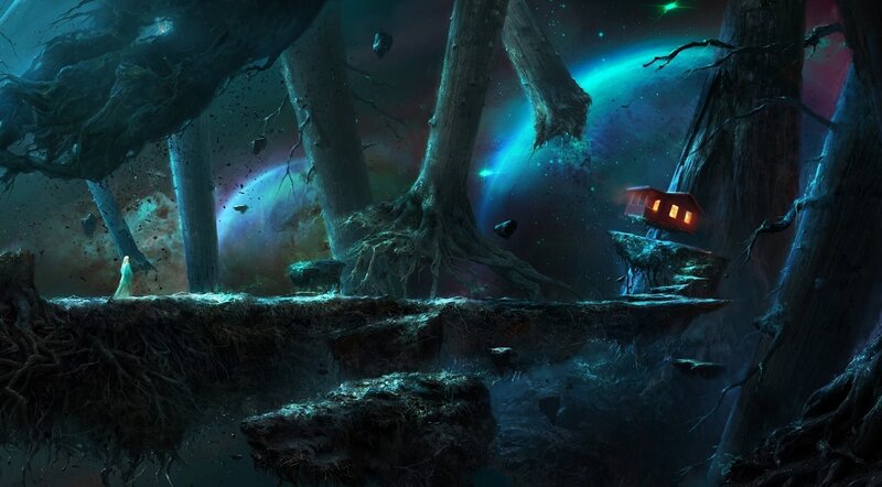 floating forest with glowing house