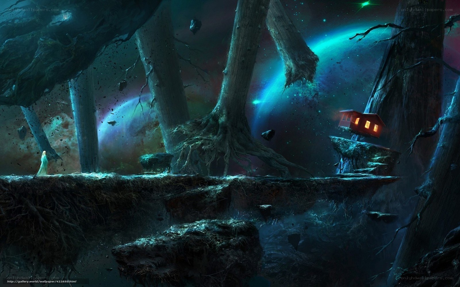Floating forest with glowing house