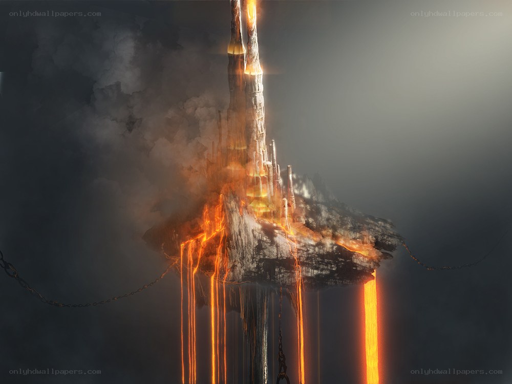 floating fortress with lava streams