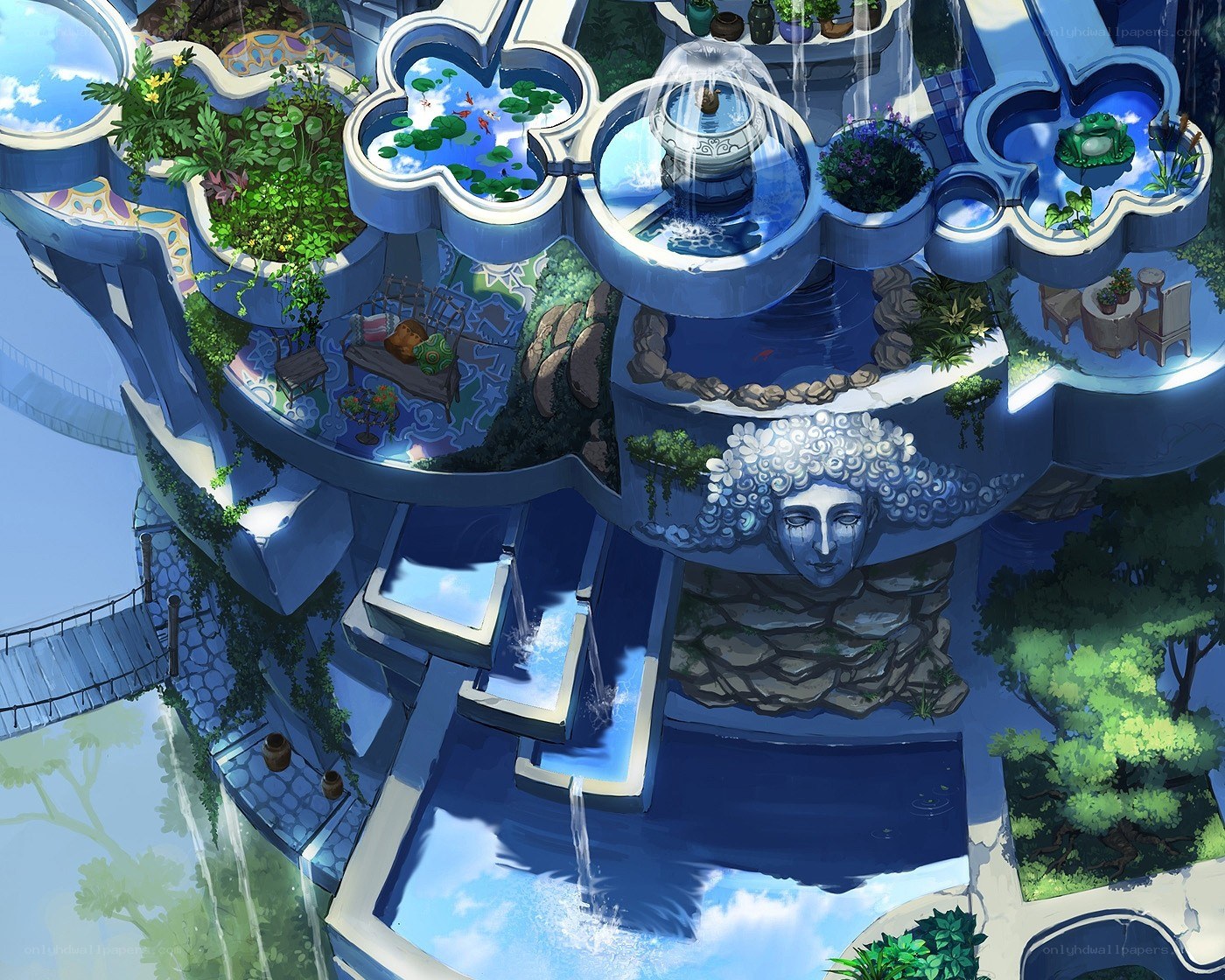 floating garden with waterfalls