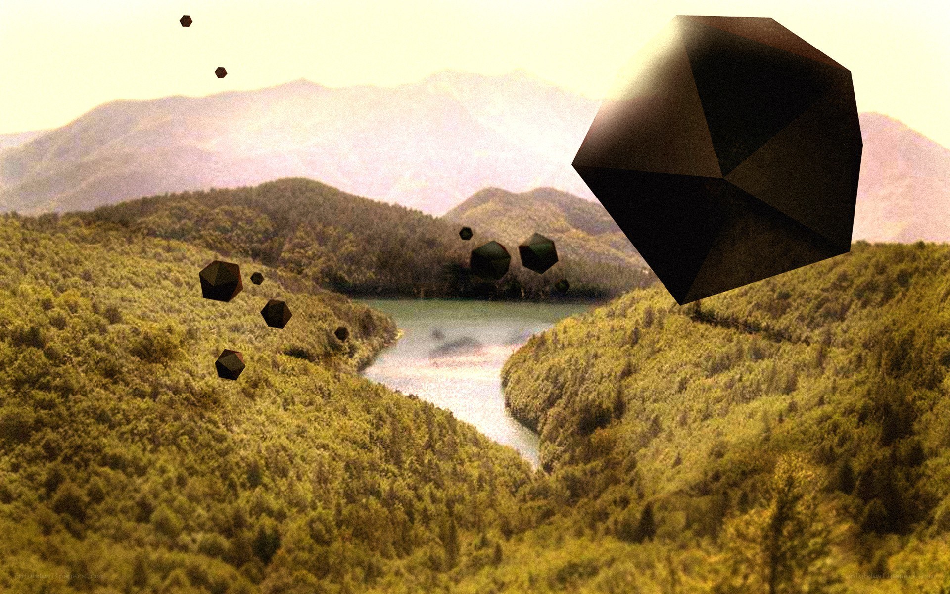 Floating geometric shapes over a valley