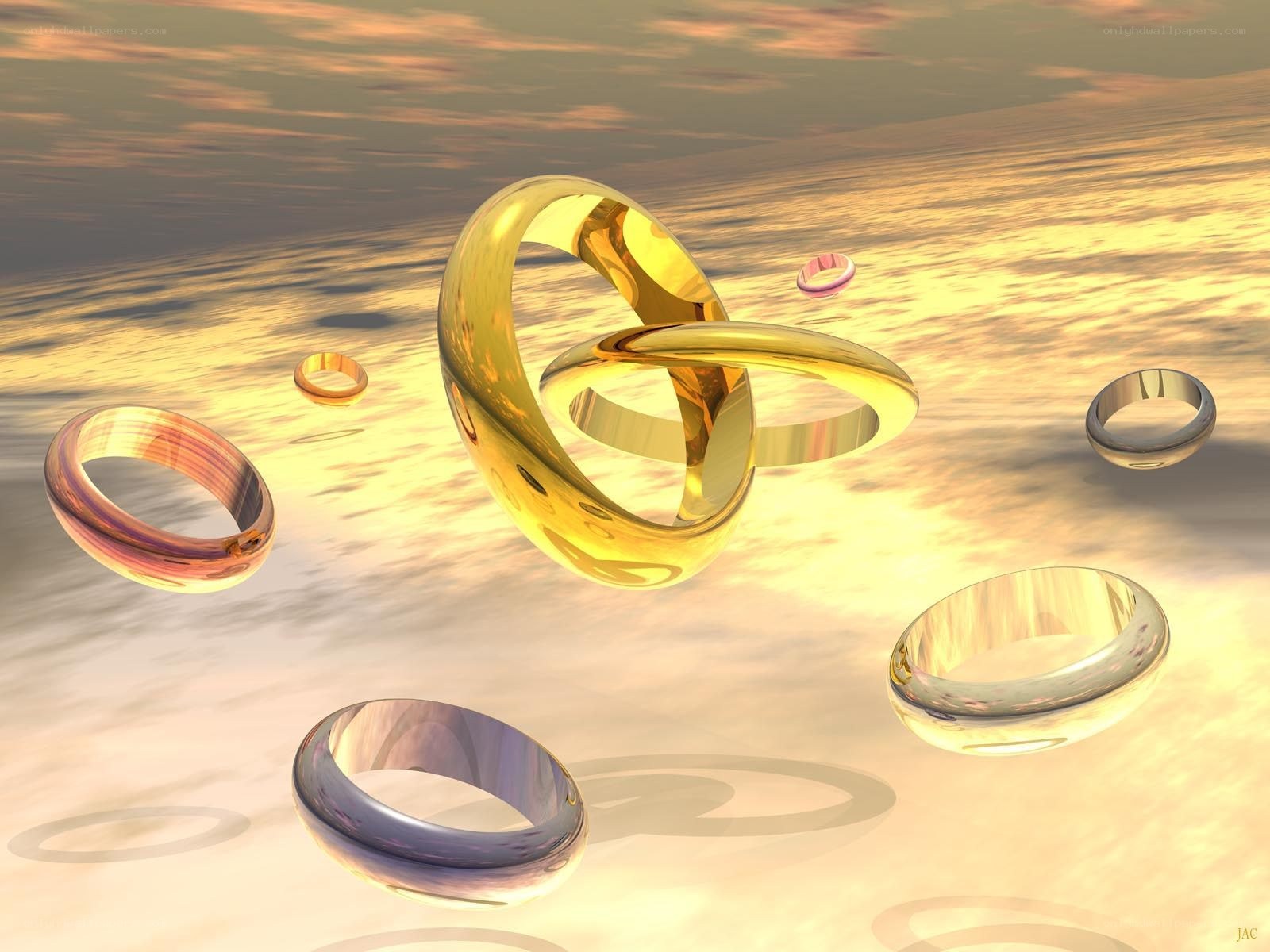 Floating golden rings in sunset