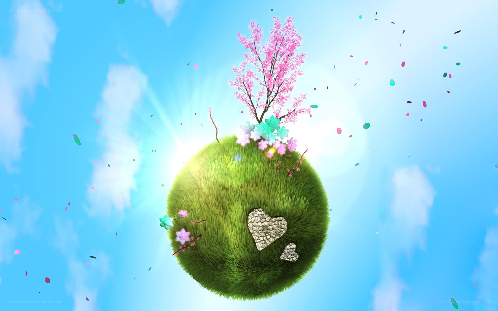 floating green planet with cherry blossom