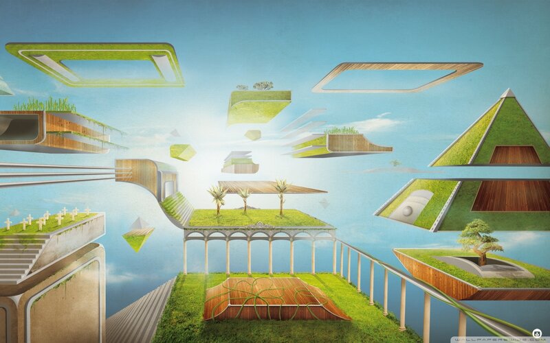 Floating green platforms in sky